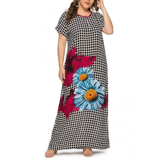 Women Floral Print Plaid O-neck Short Sleeve Maxi Dress