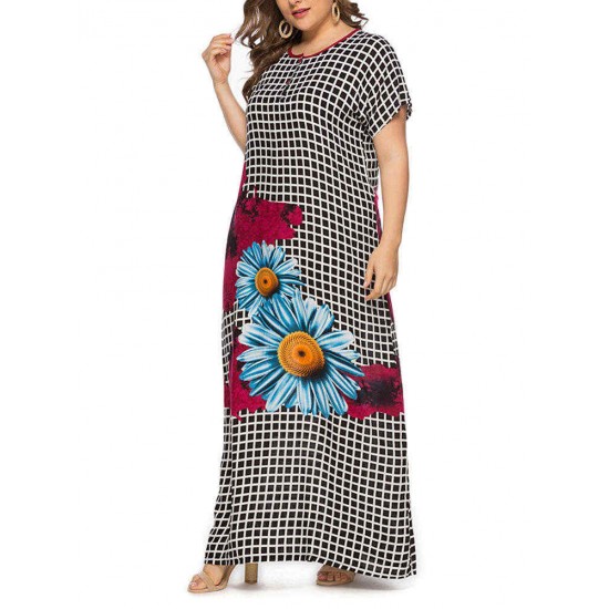 Women Floral Print Plaid O-neck Short Sleeve Maxi Dress