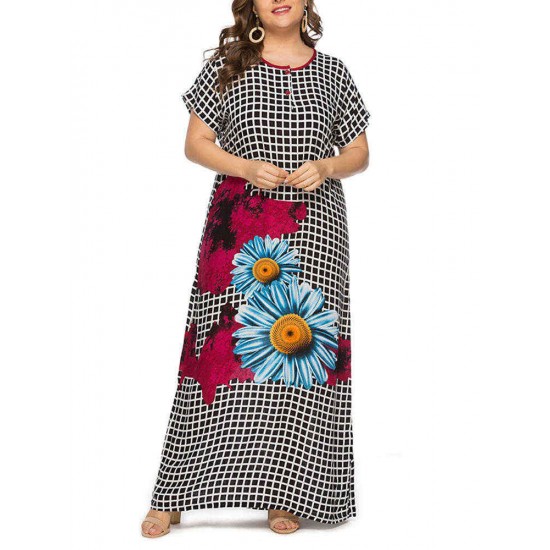 Women Floral Print Plaid O-neck Short Sleeve Maxi Dress