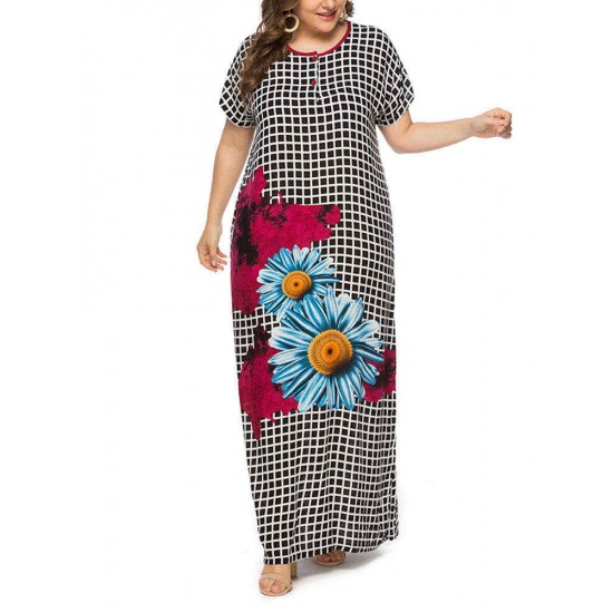 Women Floral Print Plaid O-neck Short Sleeve Maxi Dress