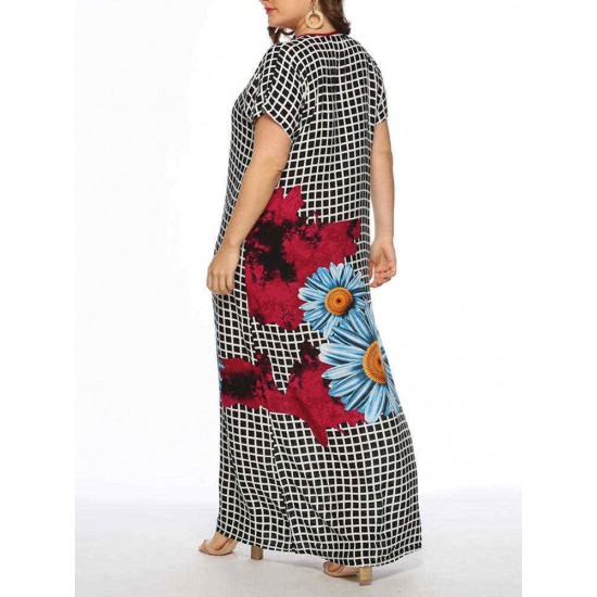 Women Floral Print Plaid O-neck Short Sleeve Maxi Dress