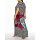 Women Floral Print Plaid O-neck Short Sleeve Maxi Dress