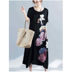 Women Floral Printed Cotton Dress Scoop Neck Casual Dresses