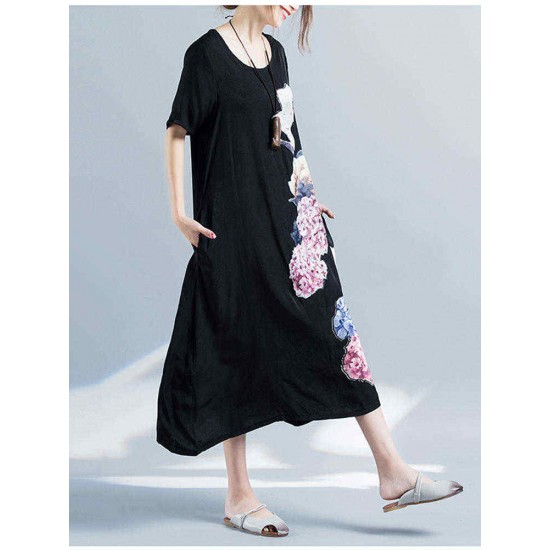 Women Floral Printed Cotton Dress Scoop Neck Casual Dresses