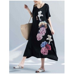 Women Floral Printed Cotton Dress Scoop Neck Casual Dresses