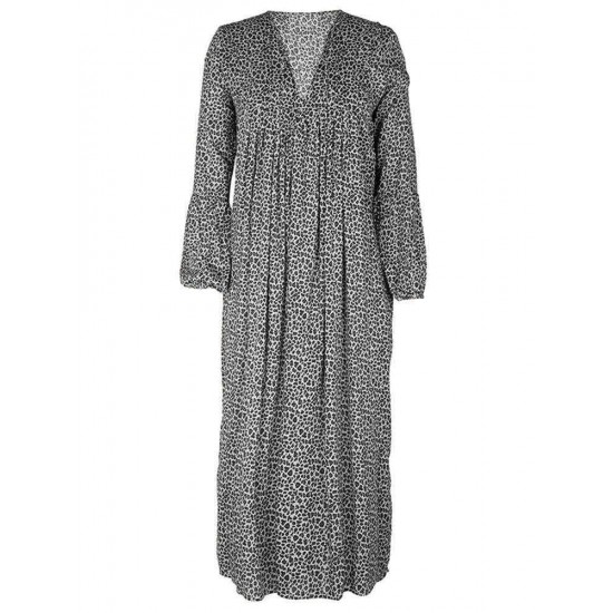 Women Holiday Leopard Print V-neck Long Sleeve Maxi Dress