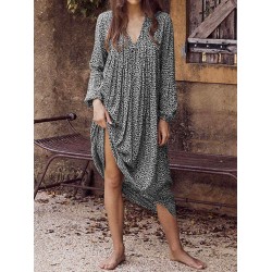 Women Holiday Leopard Print V-neck Long Sleeve Maxi Dress