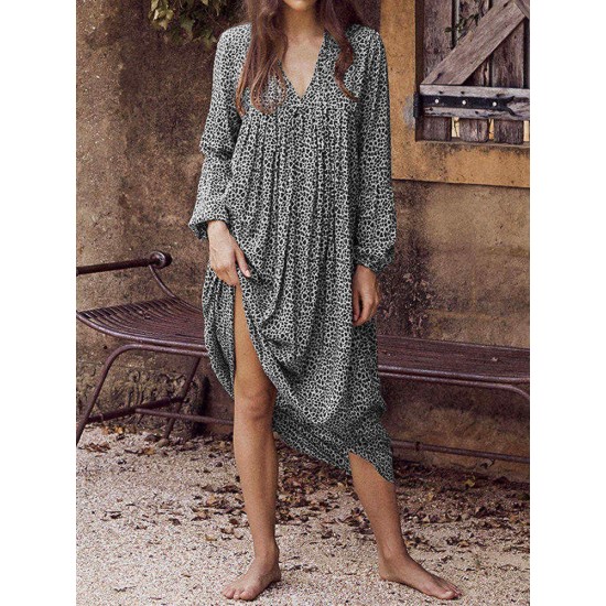 Women Holiday Leopard Print V-neck Long Sleeve Maxi Dress