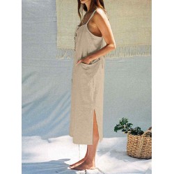 Women Holiday Sleeveless Beach Long Dress with Pockets