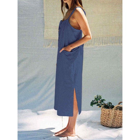 Women Holiday Sleeveless Beach Long Dress with Pockets