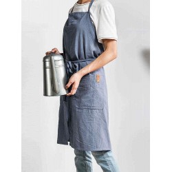 Women Japanese Retro Pure Color Cotton Linen Aprons Dress with Pockets