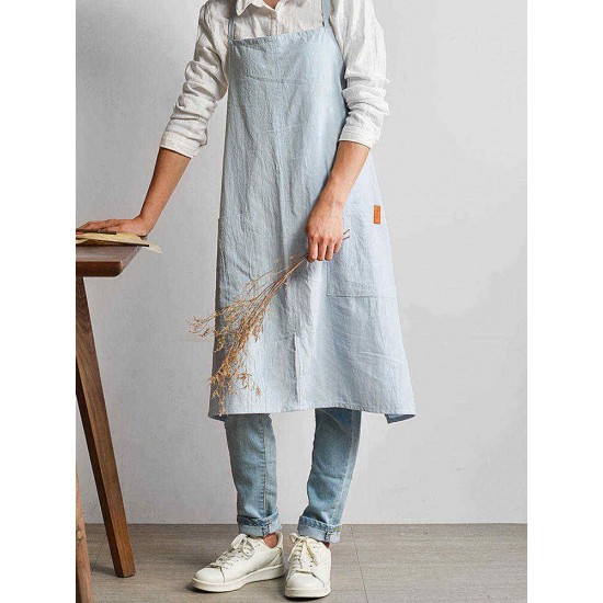 Women Japanese Retro Pure Color Cotton Linen Aprons Dress with Pockets