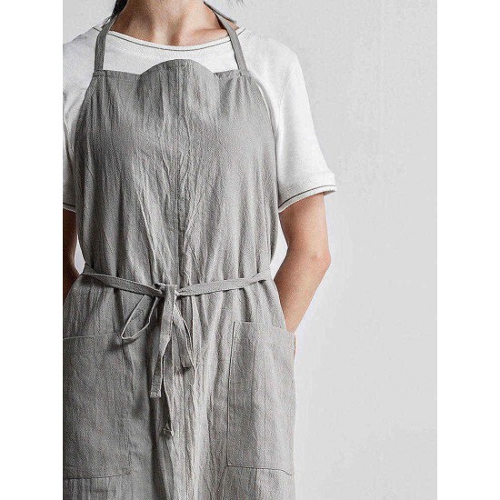 Women Japanese Retro Pure Color Cotton Linen Aprons Dress with Pockets