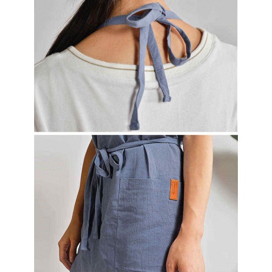 Women Japanese Retro Pure Color Cotton Linen Aprons Dress with Pockets