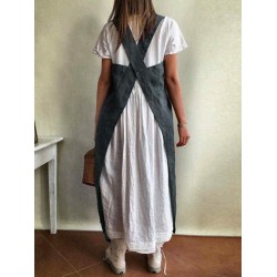 Women Japanese Style Kitchen Brief Solid Color Cotton Dress Linen Pinafore Aprons