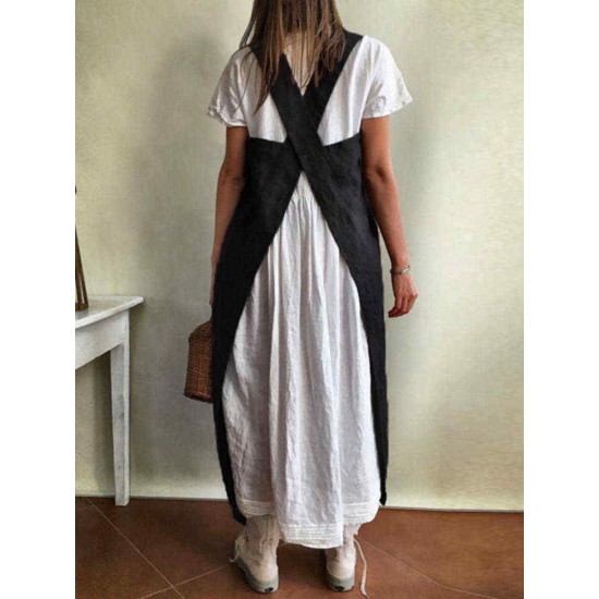 Women Japanese Style Kitchen Brief Solid Color Cotton Dress Linen Pinafore Aprons Women Japanese Style Kitchen Brief Solid Color Cotton Dress Linen Pinafore Aprons