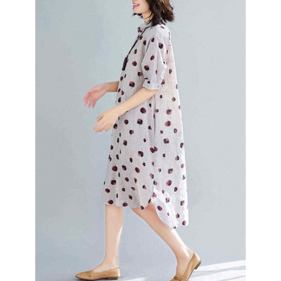 Women Leaves Print Short Sleeve High Low Shirt Dress