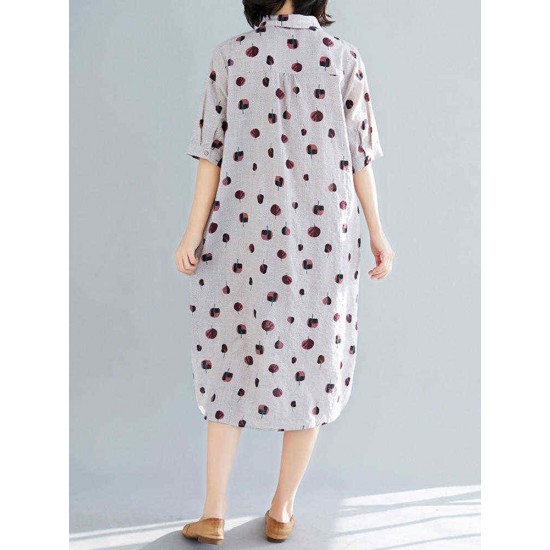 Women Leaves Print Short Sleeve High Low Shirt Dress