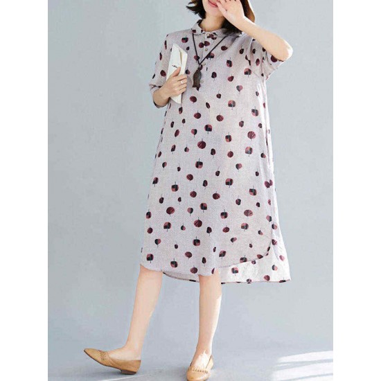 Women Leaves Print Short Sleeve High Low Shirt Dress