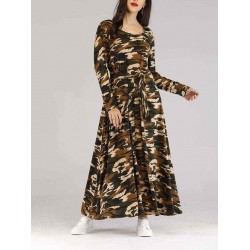 Women Long Sleeve Camouflage Maxi Dress with Belt