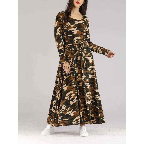 Women Long Sleeve Camouflage Maxi Dress with Belt