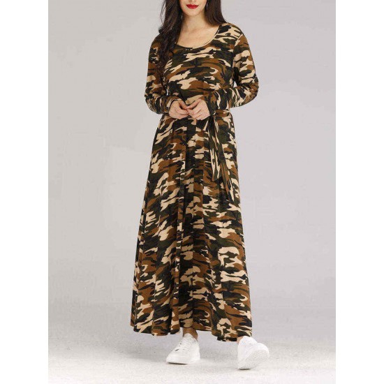 Women Long Sleeve Camouflage Maxi Dress with Belt