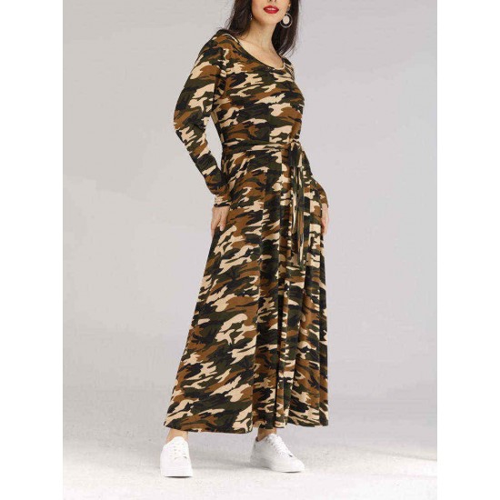 Women Long Sleeve Camouflage Maxi Dress with Belt