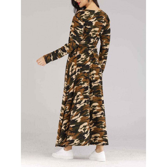 Women Long Sleeve Camouflage Maxi Dress with Belt