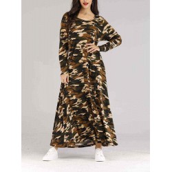 Women Long Sleeve Camouflage Maxi Dress with Belt