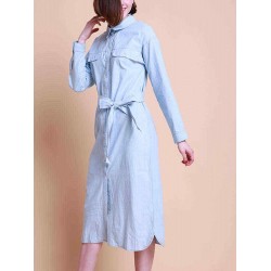 Women Long Sleeves Bottons Turn Down Collar Denim Dress