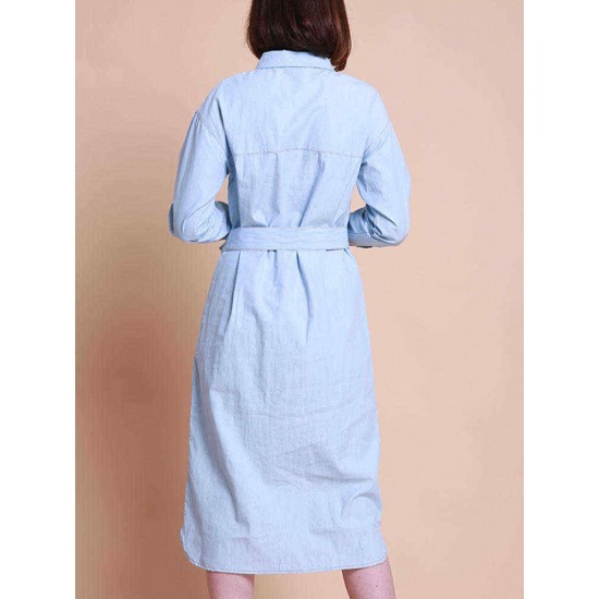 Women Long Sleeves Bottons Turn Down Collar Denim Dress