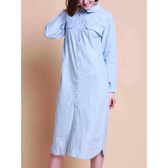 Women Long Sleeves Bottons Turn Down Collar Denim Dress