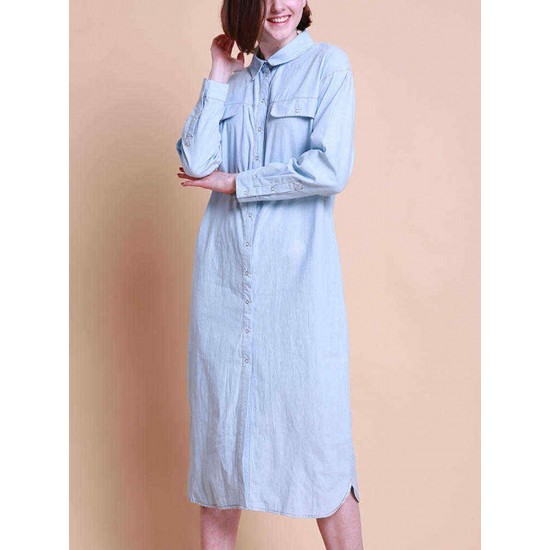 Women Long Sleeves Bottons Turn Down Collar Denim Dress