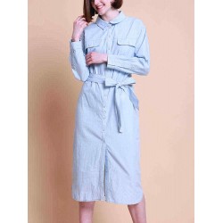 Women Long Sleeves Bottons Turn Down Collar Denim Dress