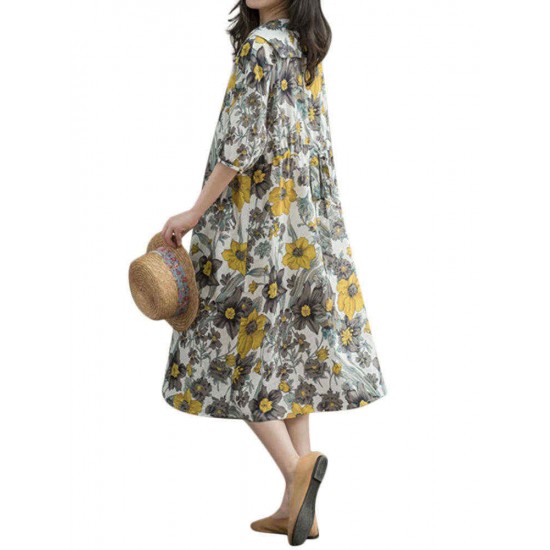 Women Loose Korean Style Puritanical Collar Half Sleeve Floral Dresses