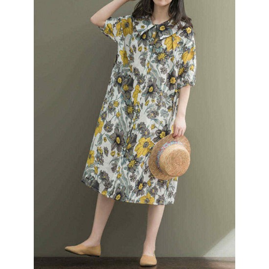 Women Loose Korean Style Puritanical Collar Half Sleeve Floral Dresses