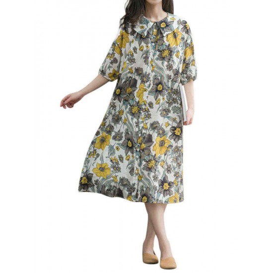 Women Loose Korean Style Puritanical Collar Half Sleeve Floral Dresses