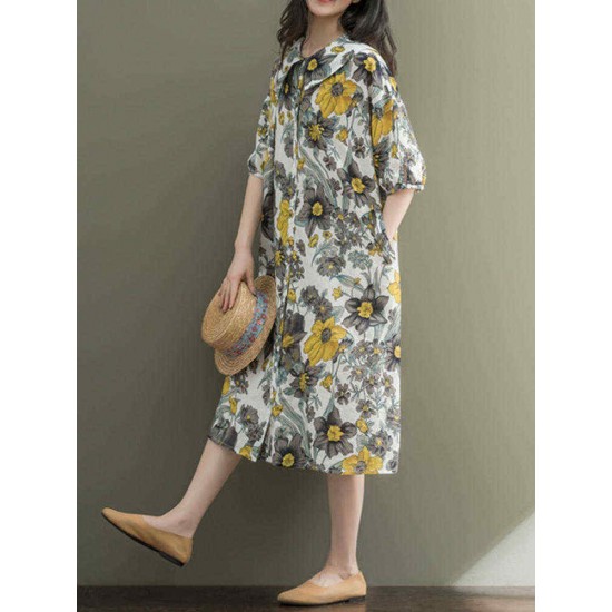 Women Loose Korean Style Puritanical Collar Half Sleeve Floral Dresses