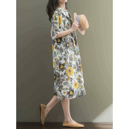 Women Loose Korean Style Puritanical Collar Half Sleeve Floral Dresses