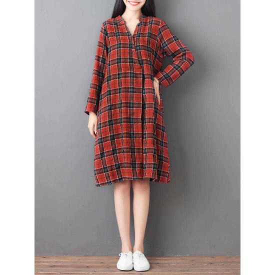 Women Loose V-neck Long Sleeve Button Plaid Shirt Dress