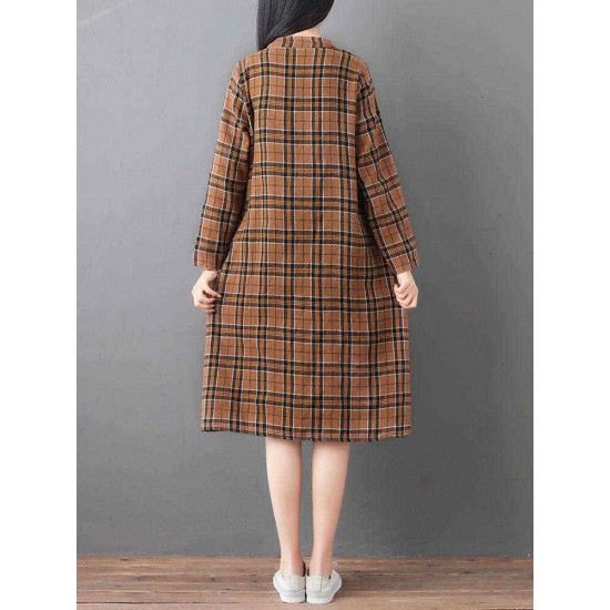 Women Loose V-neck Long Sleeve Button Plaid Shirt Dress