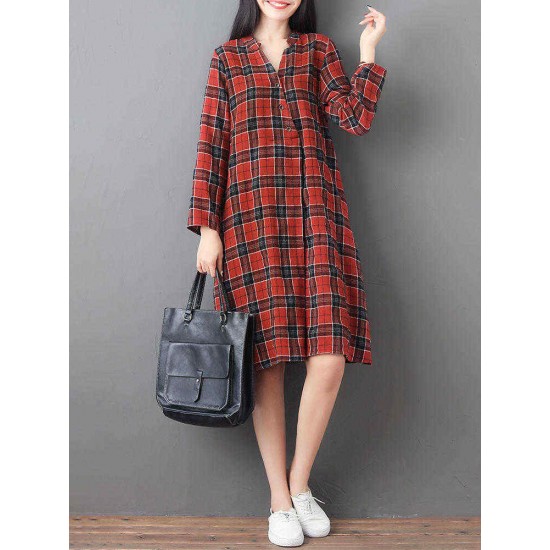 Women Loose V-neck Long Sleeve Button Plaid Shirt Dress