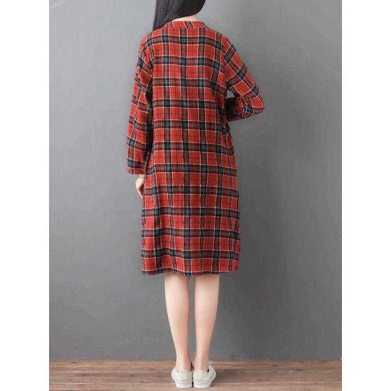 Women Loose V-neck Long Sleeve Button Plaid Shirt Dress