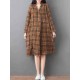 Women Loose V-neck Long Sleeve Button Plaid Shirt Dress