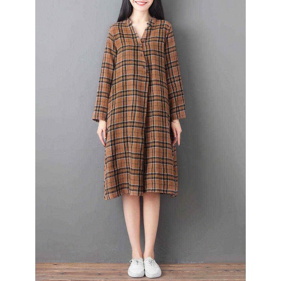 Women Loose V-neck Long Sleeve Button Plaid Shirt Dress