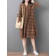 Women Loose V-neck Long Sleeve Button Plaid Shirt Dress