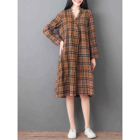 Women Loose V-neck Long Sleeve Button Plaid Shirt Dress