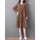 Women Loose V-neck Long Sleeve Button Plaid Shirt Dress