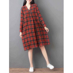 Women Loose V-neck Long Sleeve Button Plaid Shirt Dress