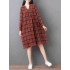 Women Loose V-neck Long Sleeve Button Plaid Shirt Dress